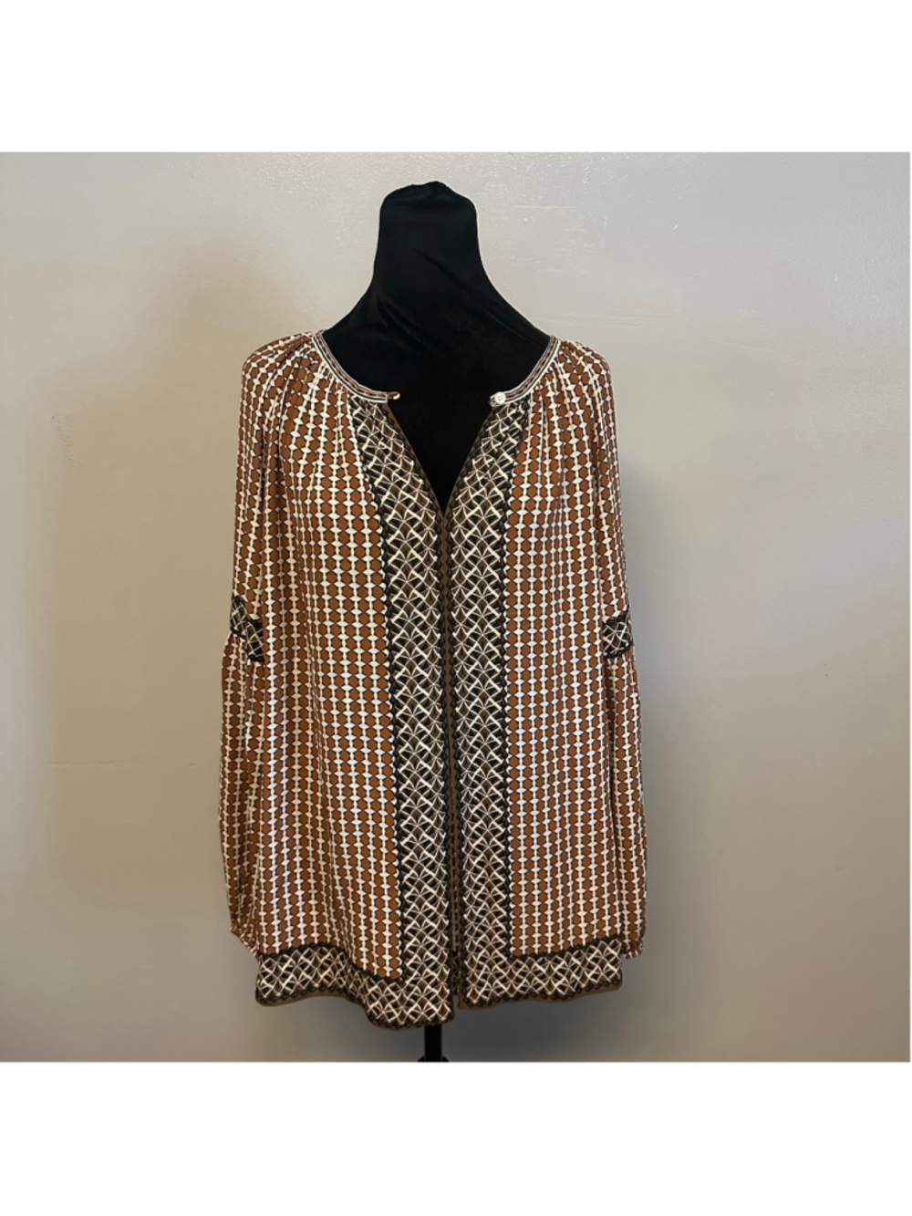 Max Studio Blouse Size 1X Brown White Geometric Print Long Sleeve Top